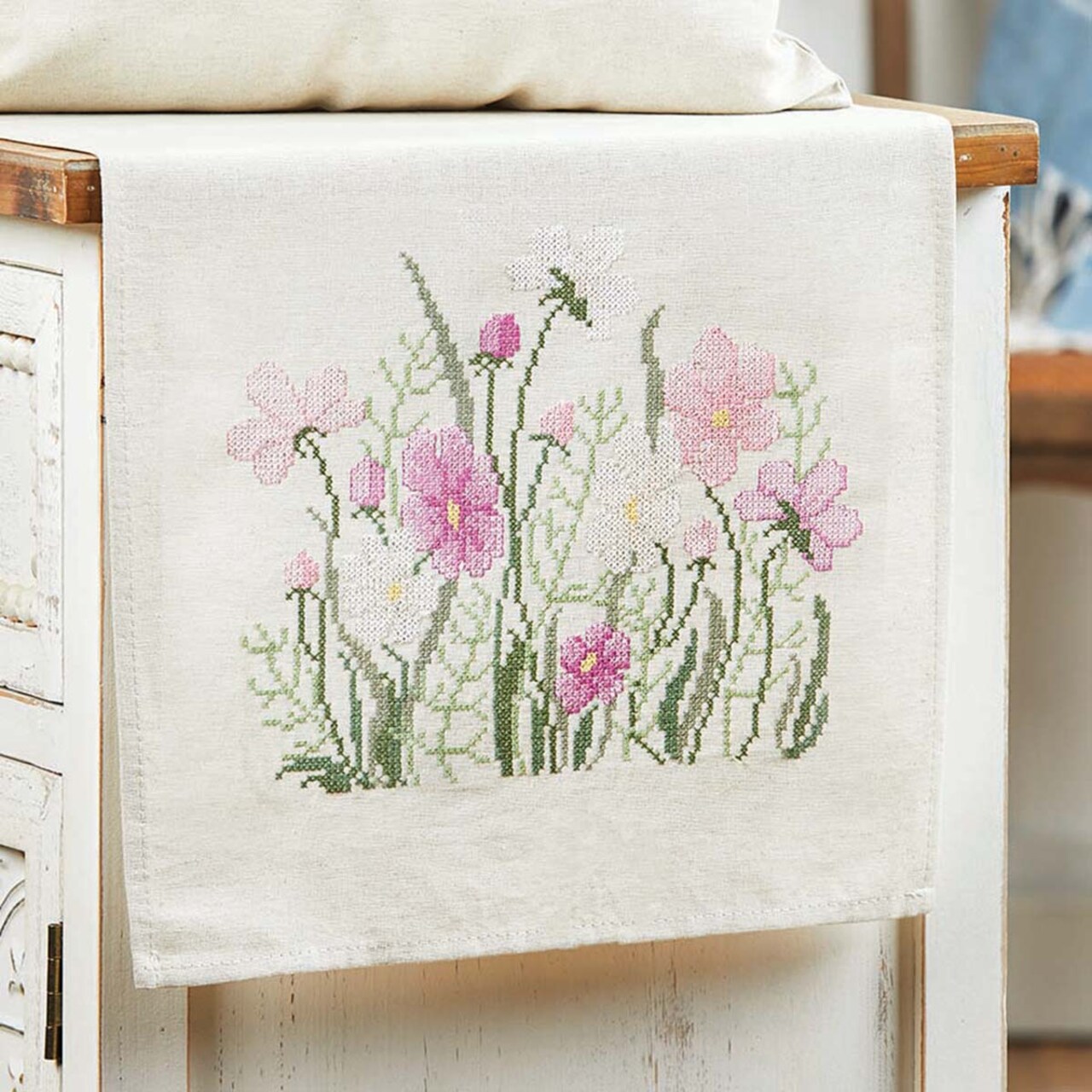 Nob Hill Purple & Pink Flowers Table Runner Stamped Cross-Stitch Kit